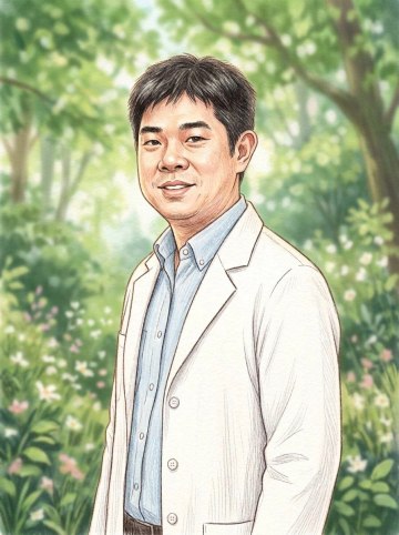 王富弘醫師肖像(彩色鉛筆繪本風插畫,春日森林背景)