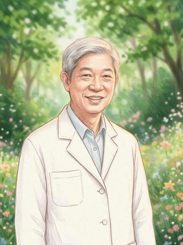 王覲瑜醫師肖像(彩色鉛筆繪本風插畫,春日森林背景)
